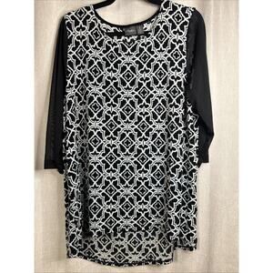 Chico's Travelers Slinky Black & White Hi/Lo Tunic Top Size 3 - Sheer 3/4 Sleeve